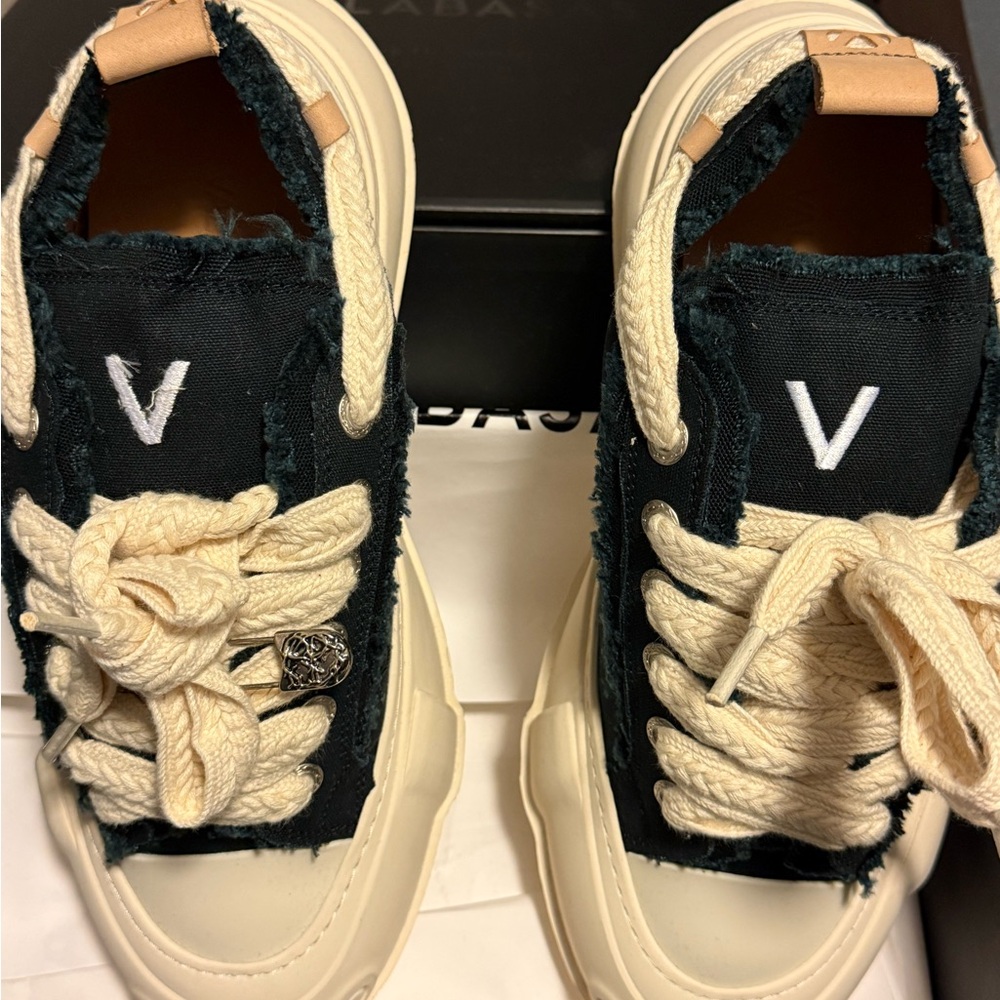Black and Cream High-Top Sneakers with Unique Laces
